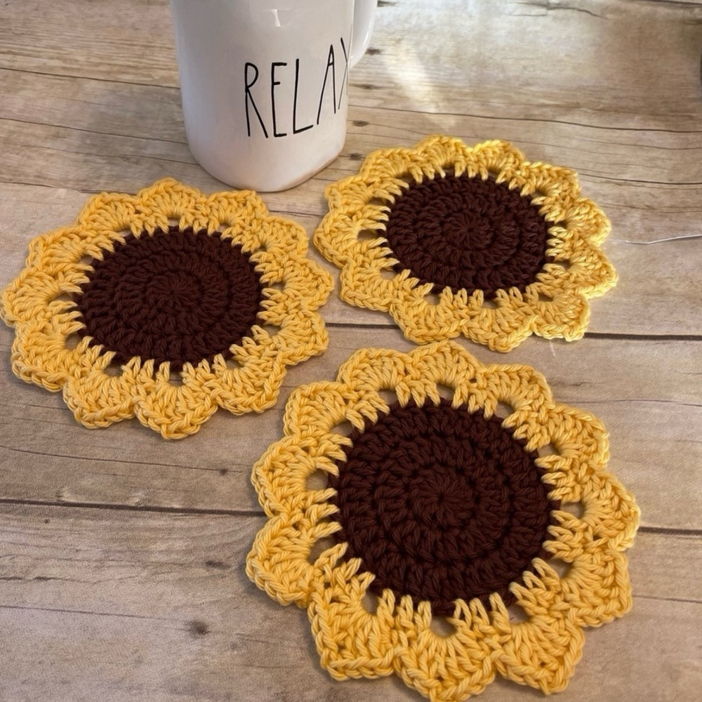 Set of Three Brown Centered Sunflowers Doilies/Coasters 6 Inches With Petals